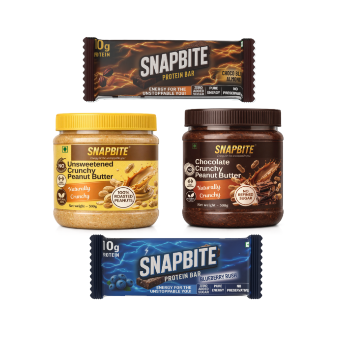 All-in-one protein combo 1 pc each with protein bars and crunchy peanut butter by Snapbite