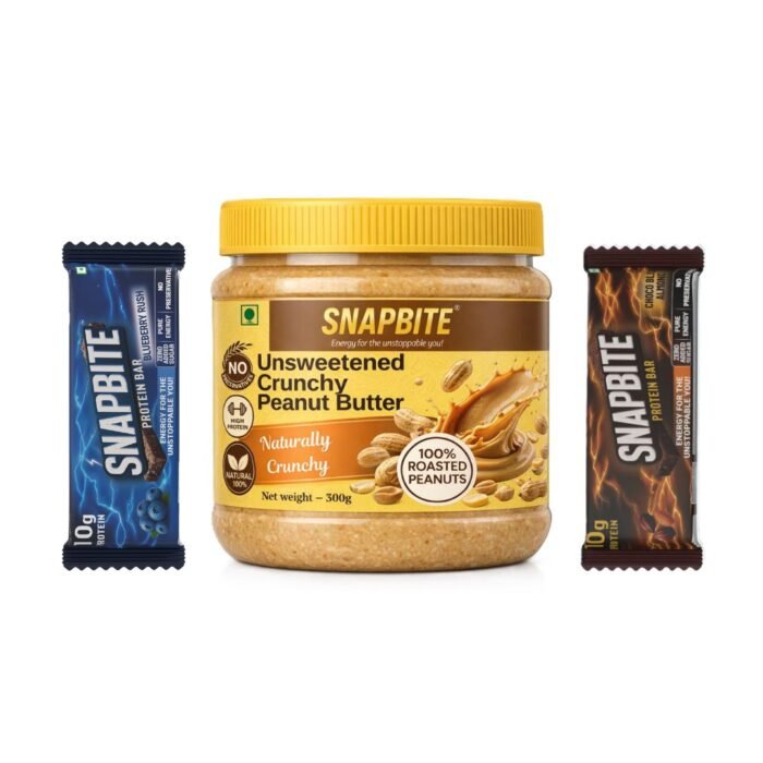 Unsweetened peanut butter protein combo with choco almond and blueberry rush bars by Snapbite