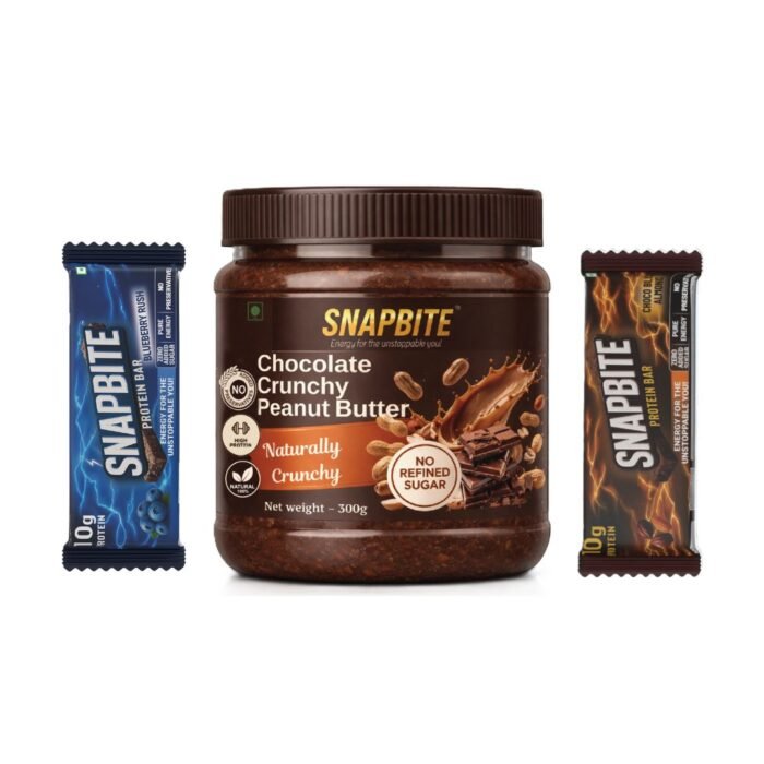 1 choco almond protein bar and 1 blueberry protein bar with chocolate crunchy peanut butter by Snapbite